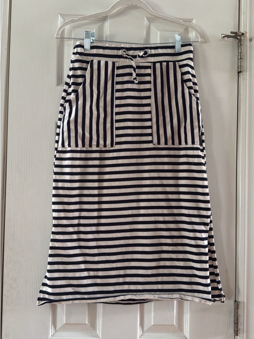 Striped Black and White Midi Skirt - Navy/White Drawstring Detail